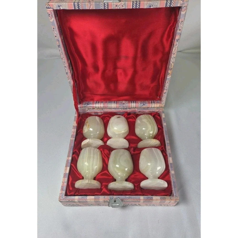 Onyx Hand Carved Egg Cups Set Of 6 With Decorative Box